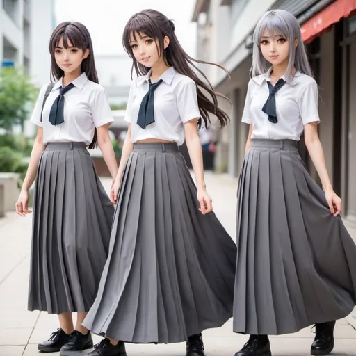 Prompt: Anime girls wearing long pleated gray skirts.