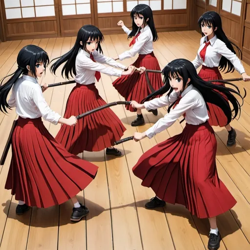 Prompt: Multiple long-straight-black haired anime girls with untied hair who are wearing red pleated maxi long skirts that are extremely long while fighting each other. The anime girls are fighting on a wooden floor and their weapons are short wooden poles. The girls are wearing white buttoned shirts. The red pleated maxi long skirts are very long.