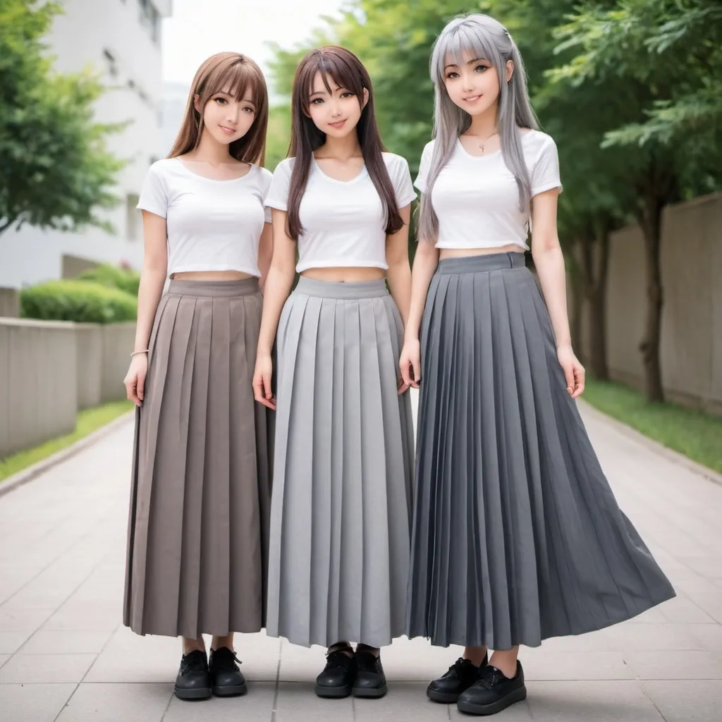 Prompt: Anime girls wearing maxi long pleated gray skirts.