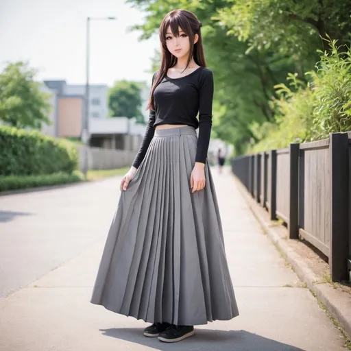 Prompt: Anime girls wearing maxi long pleated gray skirts?