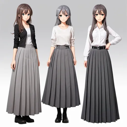 Prompt: Anime girls wearing maxi long pleated gray skirts.