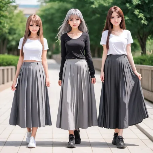 Prompt: Anime girls wearing maxi long pleated gray skirts.