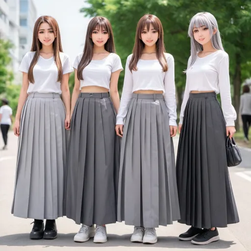 Prompt: Anime girls wearing maxi pleated gray skirts.