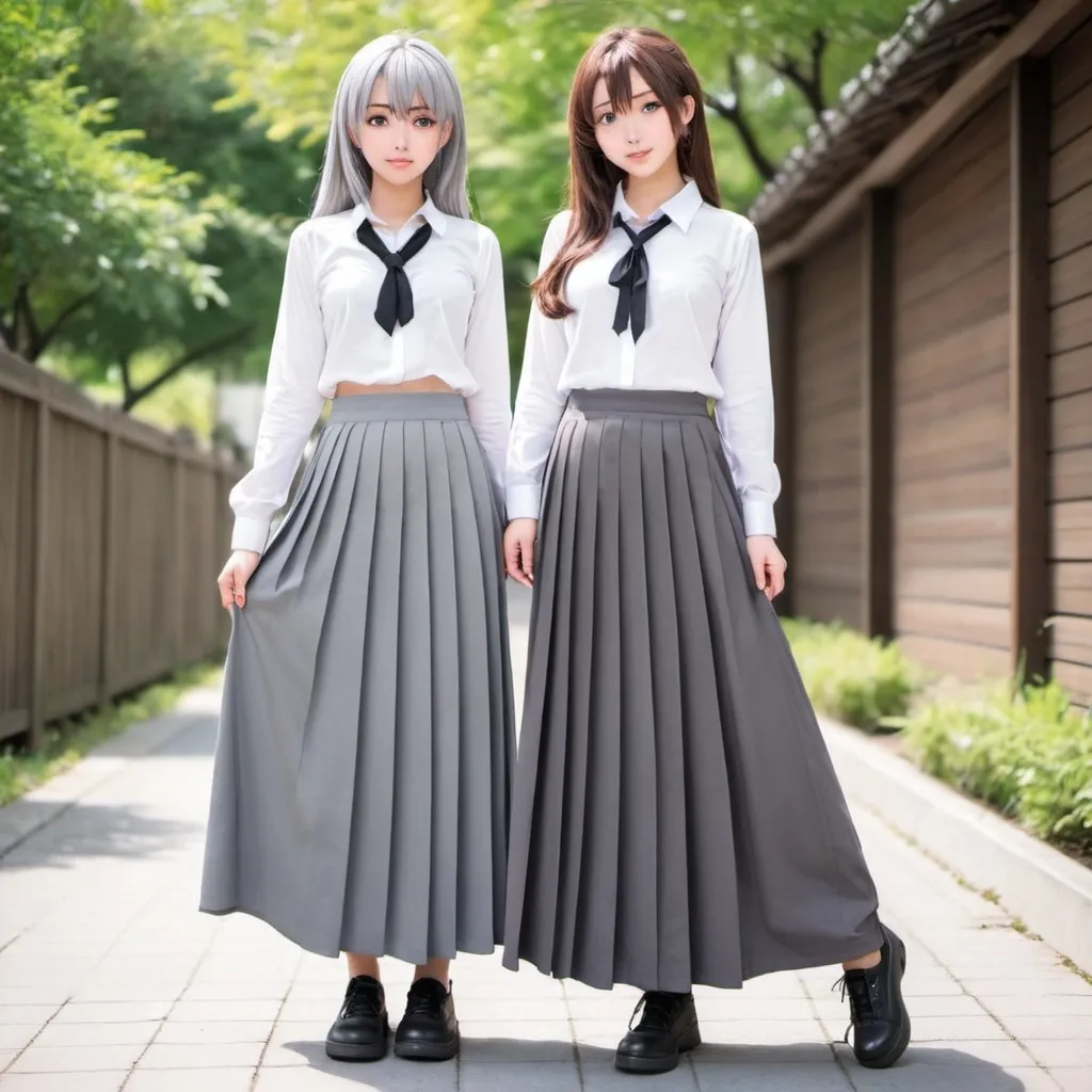 Prompt: Anime girls wearing maxi long pleated gray skirts.