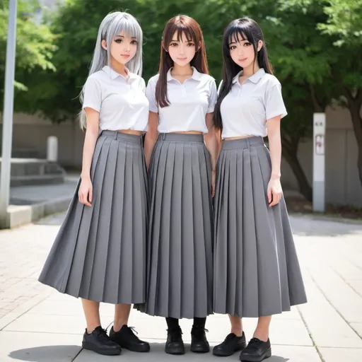 Prompt: Anime girls wearing long pleated gray skirts.