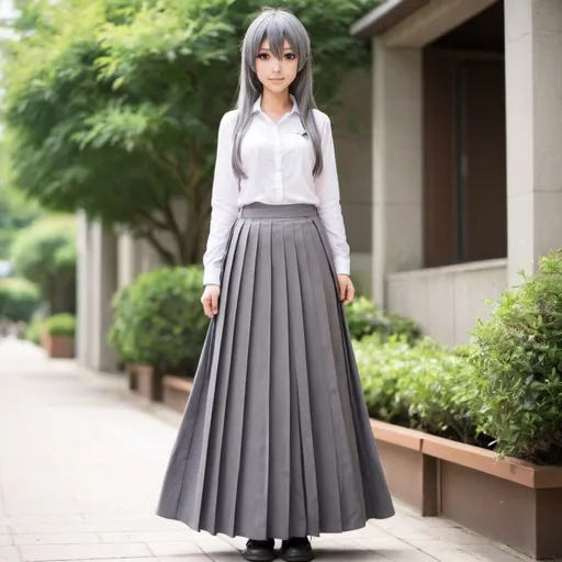 Prompt: Anime girls wearing maxi long pleated gray skirts?