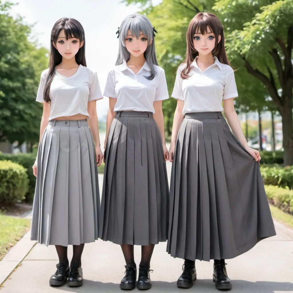 Prompt: Anime girls wearing long pleated gray skirts.