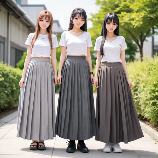 Prompt: Anime girls wearing maxi long pleated gray skirts.