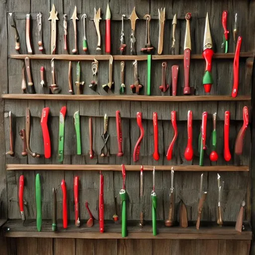 Prompt: a christmas elf tool wall