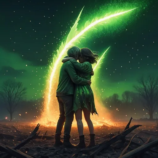 Prompt: Two people hugging and cowering fearfully in torn clothing, field of ash and glowing embers, giant glowing green fish in the sky, falling stars, highres, detailed, surreal, post-apocalyptic, glowing embers, intense emotion, torn clothing, atmospheric lighting, surreal, falling stars, dramatic composition