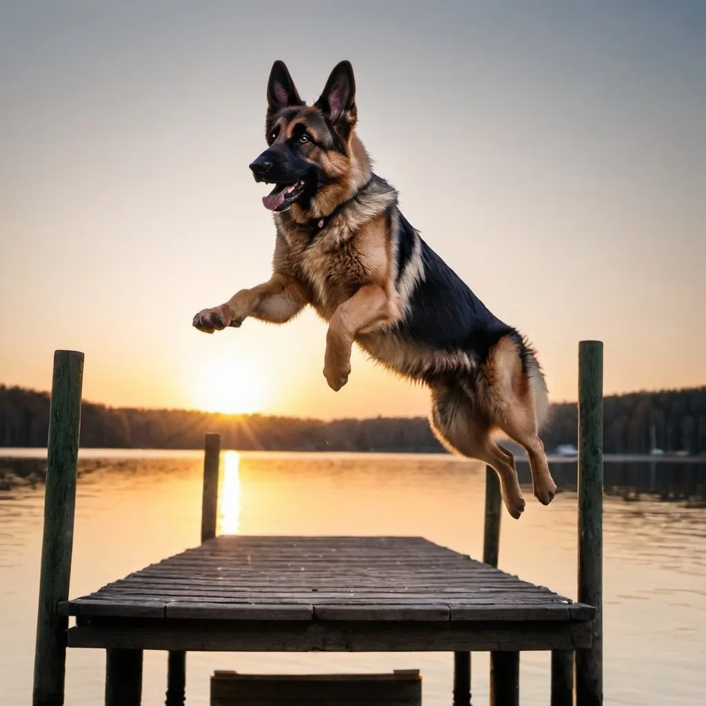 Prompt: a German Shepard jumping of a dock with a sun set 
