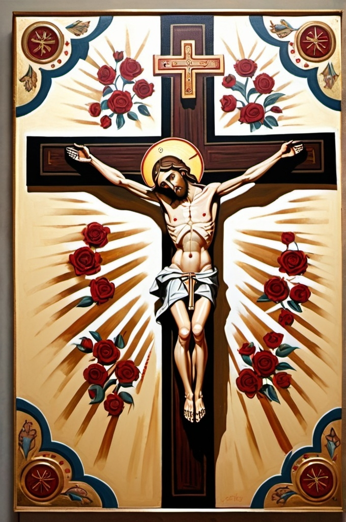 Prompt: A crucifix painting inspired by Orthodox church art