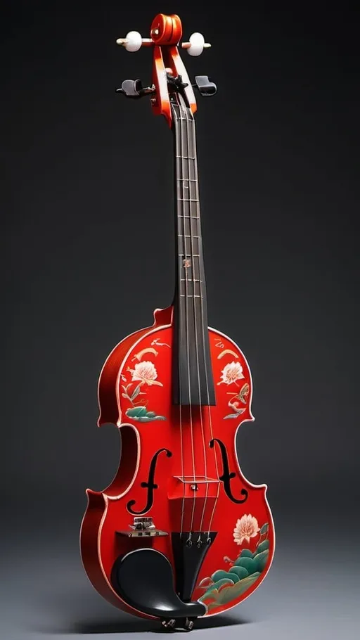 Prompt: A single-cut violin bass guitar with a sharp right horn, painted like Chinese folk art