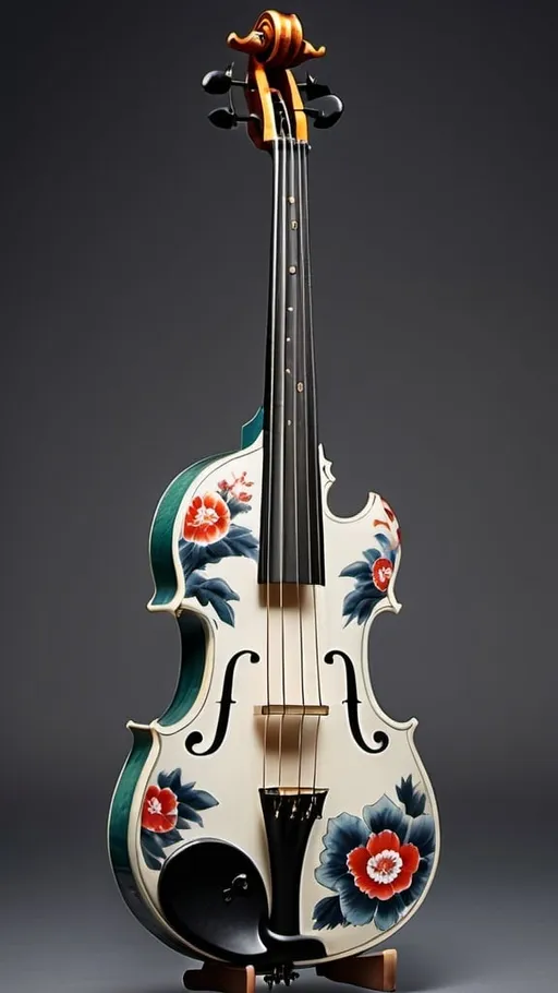 Prompt: A single-cutaway violin bass guitar with a sharp right horn, painted like Chinese folk art