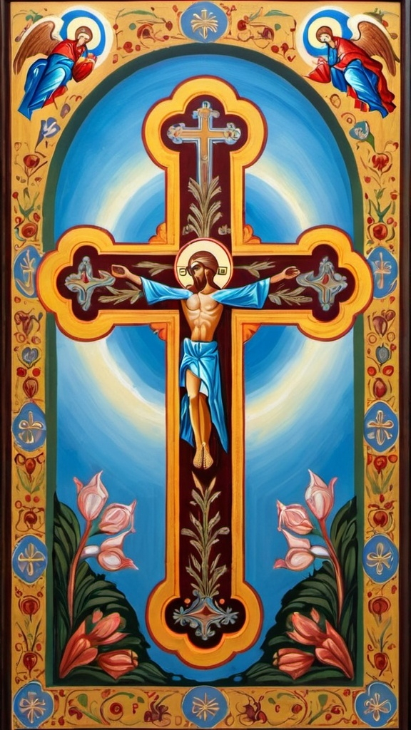 Prompt: A cross painting inspired by Orthodox church art