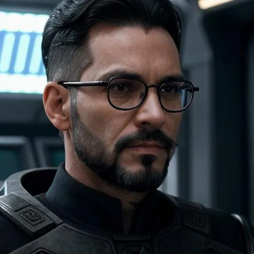 Prompt: A middle aged male bajoran starship officer with shaved black hair and a tidy beard and black rimmed glasses with nose ridges
