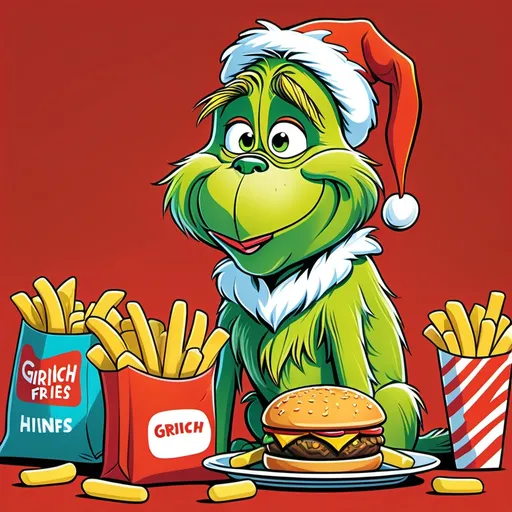 Prompt: (2D illustration) Grinch’s dog Max getting ready to eat delicious fries beside a sack overflowing with hamburgers vibrant colors, bold outlines, cartoonish charm, playful expression, cheeky demeanor, simple yet expressive details, no background captures a humorous moment, ideal for a fun holiday theme, highly appealing design for children not scary 