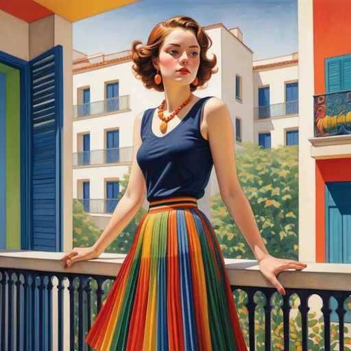 Prompt: "A vibrant and artistic illustration of a woman standing outdoors on a tiled balcony. She is wearing a colorful pleated skirt with alternating stripes of red, orange, yellow, green, and blue. Her navy blue sleeveless top contrasts with the vivid colors of her skirt. The woman is turned slightly, gazing over her shoulder with a poised expression. She is adorned with a wide-brimmed straw hat, accented with a red ribbon, and is holding a woven basket in one hand. Roses in warm orange hues climb a vine near her, adding a romantic element to the scene. The background features a swirling, Van Gogh-inspired sky with dreamy shades of blue and yellow, evoking a sense of motion and wonder. Rolling hills and a distant house complete the picturesque setting, blending natural and surreal elements beautifully."