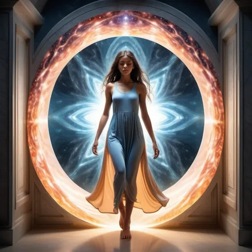 Prompt: Inter dimensional GODDEST  in form of a beautiful Young woman stepping thru a portal
