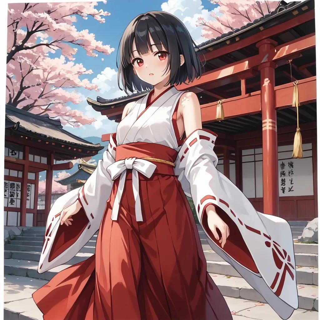 Prompt: Improved text:
A stunning 20-year-old Japanese shrine maiden, or Miko, graces the scene in a sleeveless outfit. Her short black hair complements her captivating physique. The Miko's attire includes a flowing red long skirt, a traditional element of her sacred role.