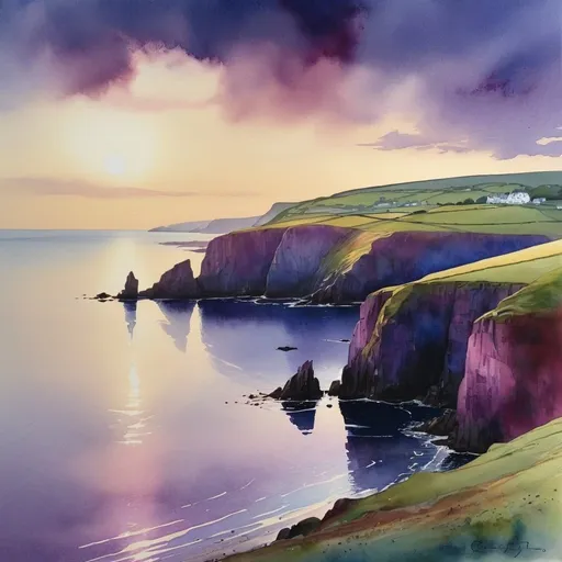 Prompt: A watercolour painting of twilight at Summertime, The Antrim Atlantic Coast, County Antrim, gold, deep blue, purple, maroon, Peace, Calm, Twilight Mist Serenity Summertime
