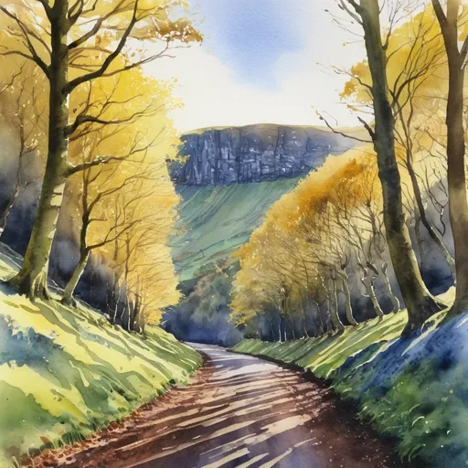 Prompt: A watercolour painting of Glenariff Forest Park, Co Antrim. Looking up the glen. Early morning, sunshine, blue, yellow, gold, Calm, Serenity, Peace, Autumn