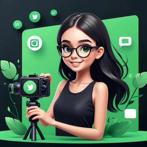 Prompt: create social media markeitng post for instagram,young cartoon girl making reel use green and black color