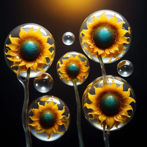 Prompt: Abstract glossy, fluid-like transparent structures and spheres transparent sunflowers, molten glass in mid-air, dynamic, dark backdrop