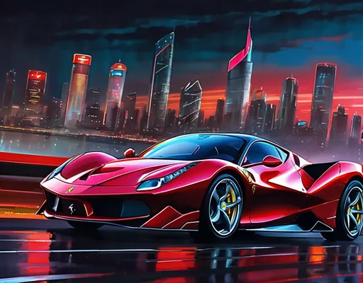 Prompt: (futuristic flying Ferrari, flying over the city),hyperrealistic, sleek, aerodynamic design, vibrant metallic red finish, glowing neon accents, mega city skyline in the background under a twilight sky, dynamic motion, fine details, captivating reflections, ultra-detailed, high quality, cinematic feel, dazzling lights, convey speed and innovation.