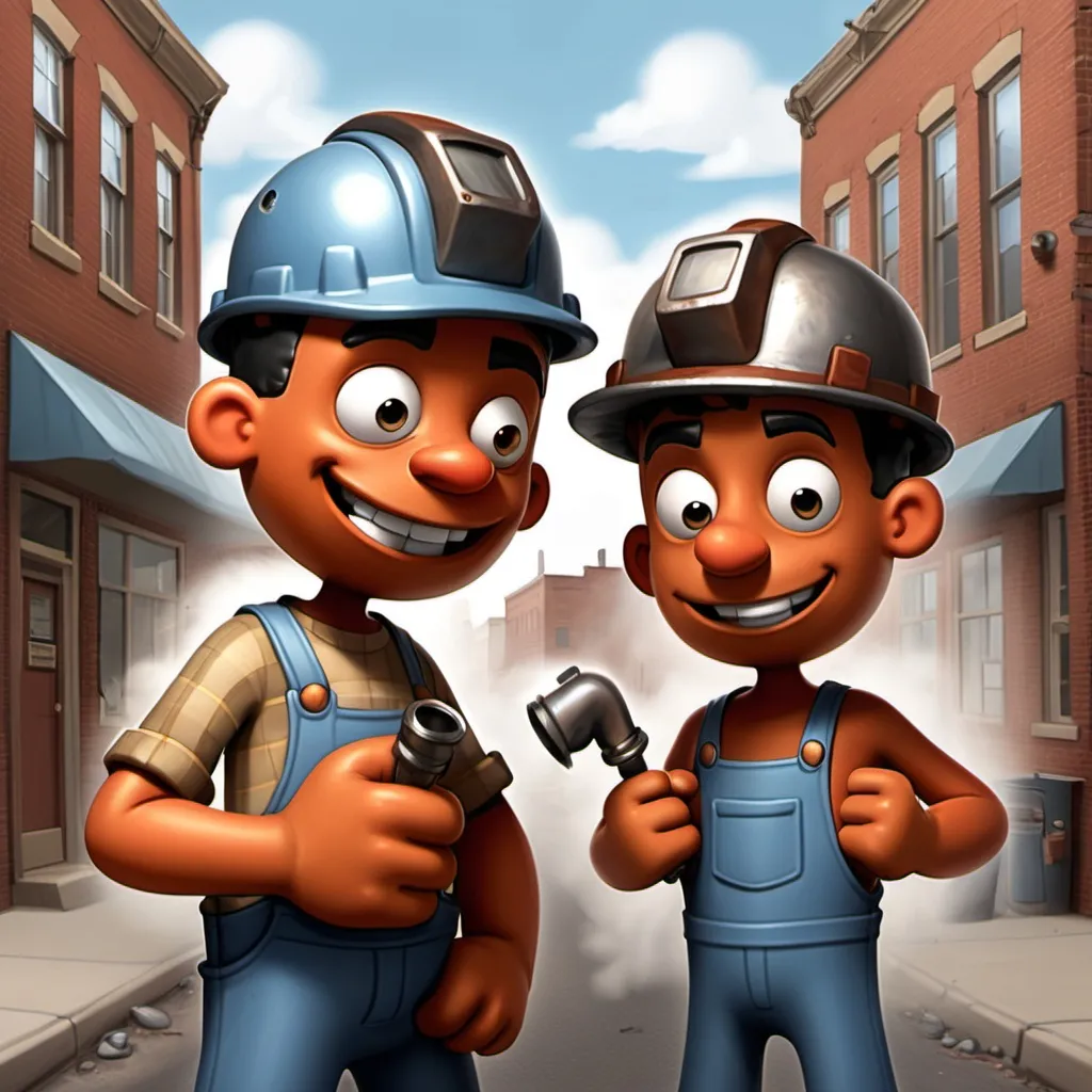 Prompt: characters in the text are brown skinned 
In a busy town called Fixerville, there were two friends: *Wally the Welder* and *Pete the Pipefitter*. They were the best at fixing things. Wally could join two pieces of metal together faster than you could say, "Sizzle!" Pete was a whiz at fitting pipes, making sure every twist and turn was perfect.

One day, the town’s water stopped working! The mayor rushed to Wally and Pete.

“Help! No one can take showers or water their gardens!” cried the mayor.

The two friends quickly grabbed their tools and rushed to the giant underground pipe. But when they got there, they found a maze of twisted pipes! 

Pete scratched his head. “This is trickier than I thought! We need to figure out which pipe is broken.”

Wally grinned. “Don’t worry, Pete. I’ve got just the thing!”

He pulled out his welding torch. With a bright flash, he welded together two pieces of metal to create a *Pipe Finder 3000*, a special tool that could sense leaks.

Pete watched in amazement. “That’s brilliant! Now we just need to use it to track down the leak.”

With the Pipe Finder 3000, they followed the pipes until they reached the broken one. Pete quickly fit the new pipe in place, and Wally welded it tight. 

“Perfect!” said Pete, admiring their teamwork.

The water roared back to life, and Fixerville’s fountain sprayed high in the sky. The townspeople cheered!

The mayor handed Wally and Pete golden wrenches. “You’ve saved the day again!”

LWally winked. “Just another day in Fixerville!”

And from that day on, whenever there was a tricky job, Wally and Pete were always ready to fix it—because no problem was too tough for the welder and pipefitter duo!