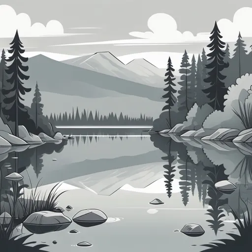 Prompt: Cartoon of a boring lake a little bit greyish