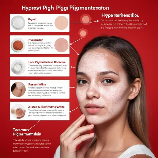 Prompt: An infographic explaining how hyperpigmentation occurs and how Reset products help. Make the background red and have white details to the design. And the girl to be white