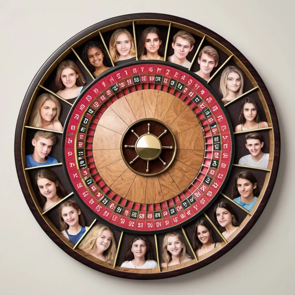 Prompt: A Roulette wheel made from pretty teenagers faces instead of using numbers