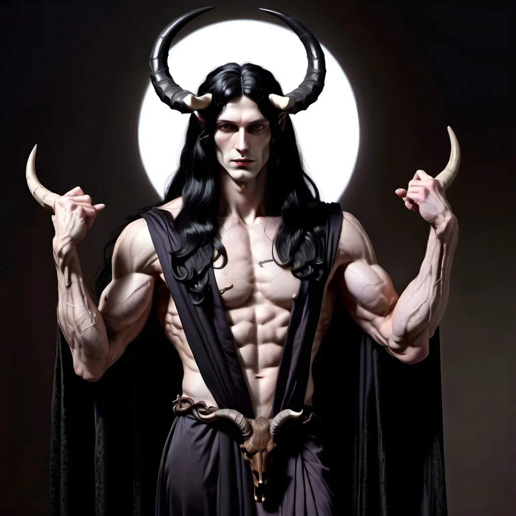 Prompt: Dionysus with pale skin, long black hair, dark brown eyes, horns, slender figure, wearing a black robe exposing the muscles of his chest