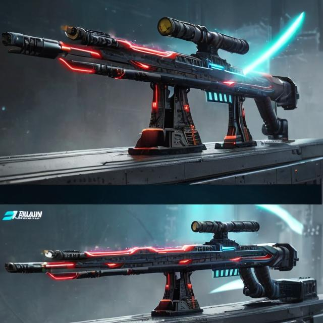 Prompt: railgun rifle, with a gauss-rifle style barrel and a miniature electric Tesla battery.

Firing round with a streak of electricity coming from the barrel.

shaped like a futuristic rifle crossed with a particle accelerator.

put on display.