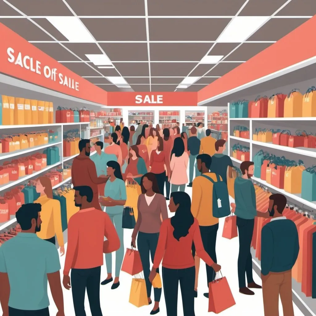 Prompt: "Illustrate demand-pull inflation with a visual of a crowded store during a sale, showing high demand for a product and increasing price tags."