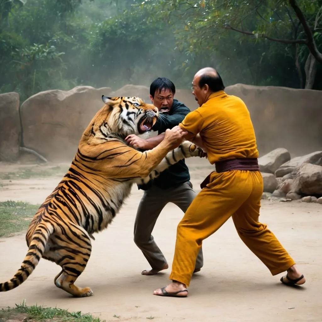 Prompt: a man fights with a tiger