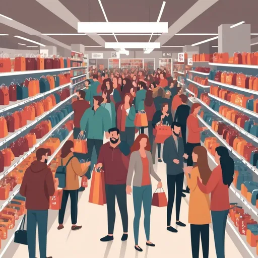 Prompt: "Illustrate demand-pull inflation with a visual of a crowded store during a sale, showing high demand for a product and increasing price tags."