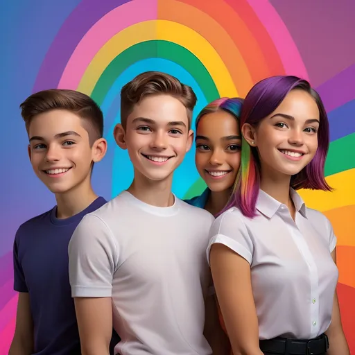 Prompt: (profile picture for a Telegram group of five people: three boys and two girls, discussing forex trading, supporters of LGBTQ+), *vivid and inclusive color palette*, *energetic atmosphere*, (group camaraderie), supportive, trading symbols in background, (vibrant rainbow elements), (dynamic poses), smiling faces, determined expressions, modern and professional design, high-quality, ultra-detailed, 4K, (clean and sleek background with hints of financial graphs)