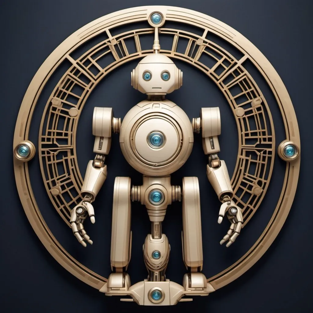 Prompt: How about this: imagine a series of Art Deco-style robots holding up a circle with a diameter of about 2.5cm, each with intricate geometric patterns and sleek, metallic features.