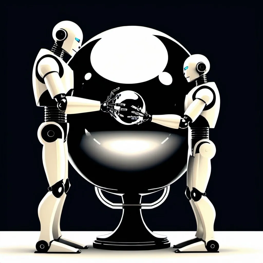 Prompt: Artdeco, robots holding a sphere, minimal, 2d,