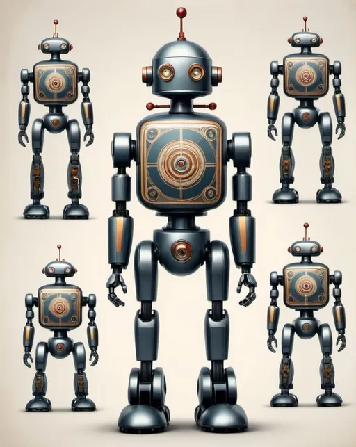 Prompt: How about this: imagine a series of atomic age-style robots holding up a circle with a diameter of about 2.5cm, each with intricate geometric patterns and sleek, metallic features.