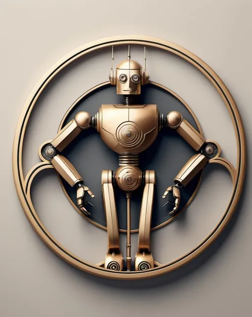 Prompt: How about this: imagine a series of Art Deco-style robots holding up a circle with a diameter of about 2.5cm, each with intricate geometric patterns and sleek, metallic features. Minimalism