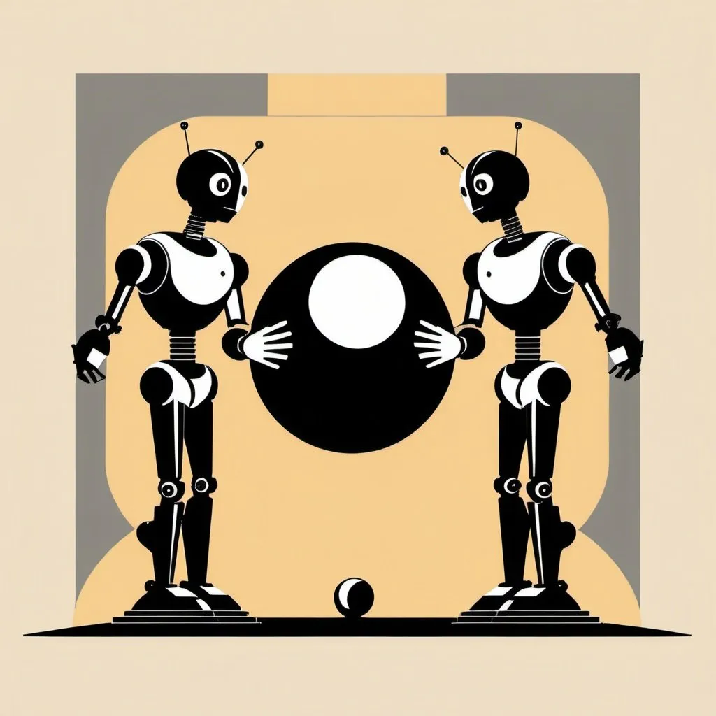 Prompt: Artdeco, robots holding a sphere, minimal, 2d,