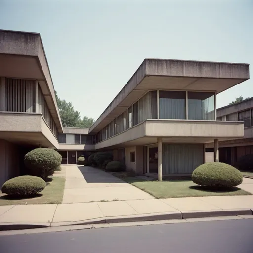 Prompt: Street view, mid century modern, future, brutalism, 