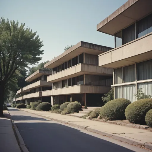 Prompt: Street view, mid century modern, future, brutalism, 