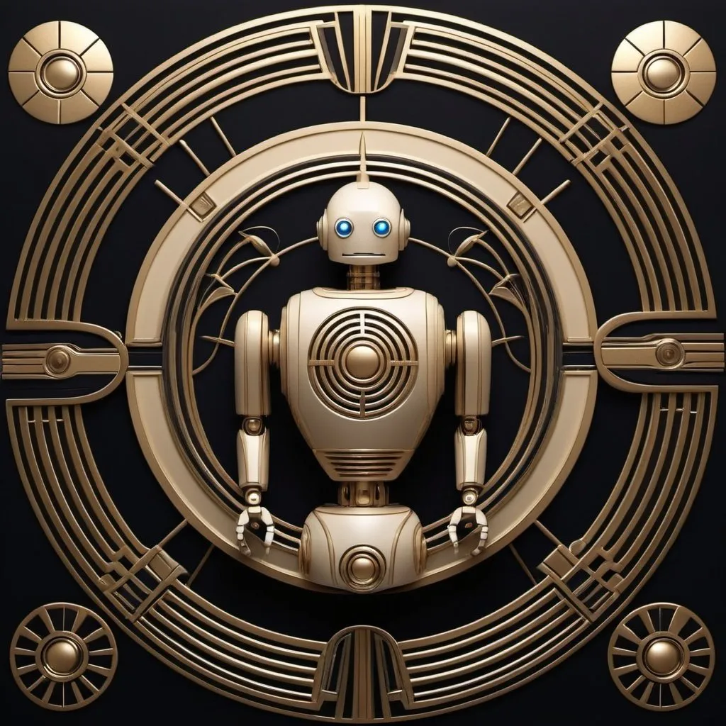 Prompt: How about this: imagine a series of Art Deco-style robots holding up a circle with a diameter of about 2.5cm, each with intricate geometric patterns and sleek, metallic features. Minimal style