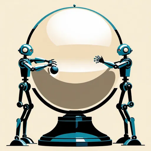 Prompt: Artdeco, robots holding a sphere, minimal, 2d,