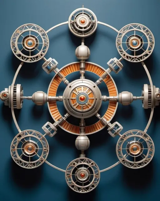 Prompt: How about this: imagine a series of atomic age-style robots holding up a circle with a diameter of about 2.5cm, each with intricate geometric patterns and sleek, metallic features.