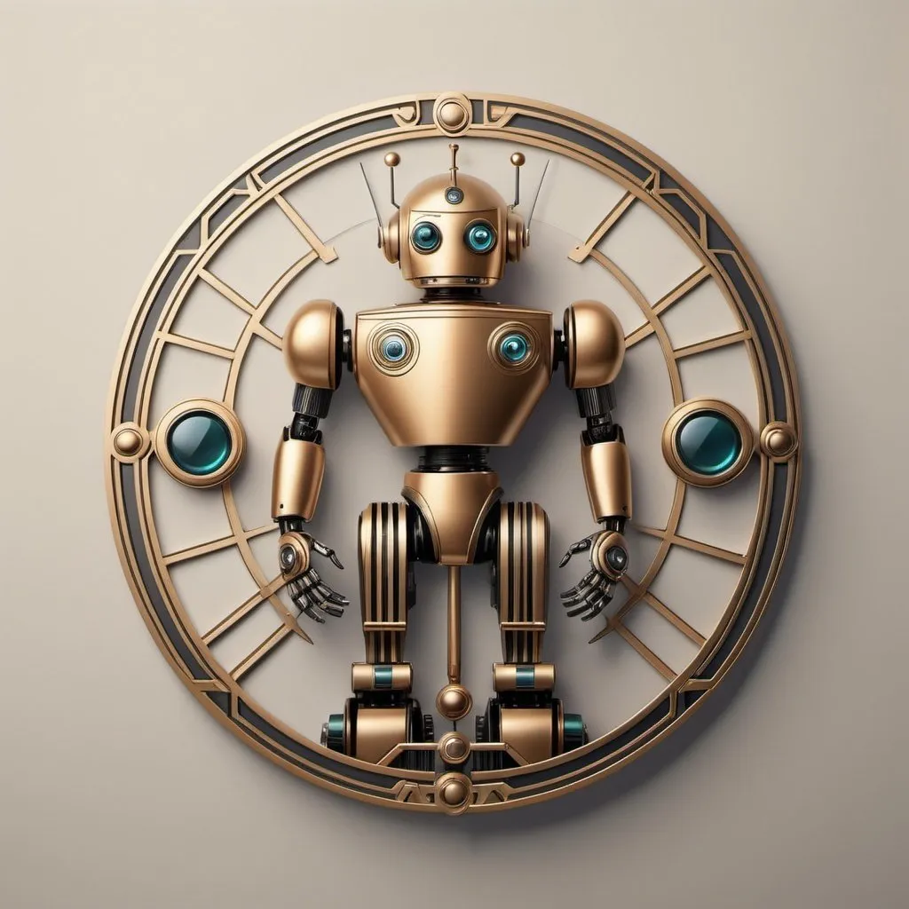 Prompt: How about this: imagine a series of Art Deco-style robots holding up a circle with a diameter of about 2.5cm, each with intricate geometric patterns and sleek, metallic features. Minimal style